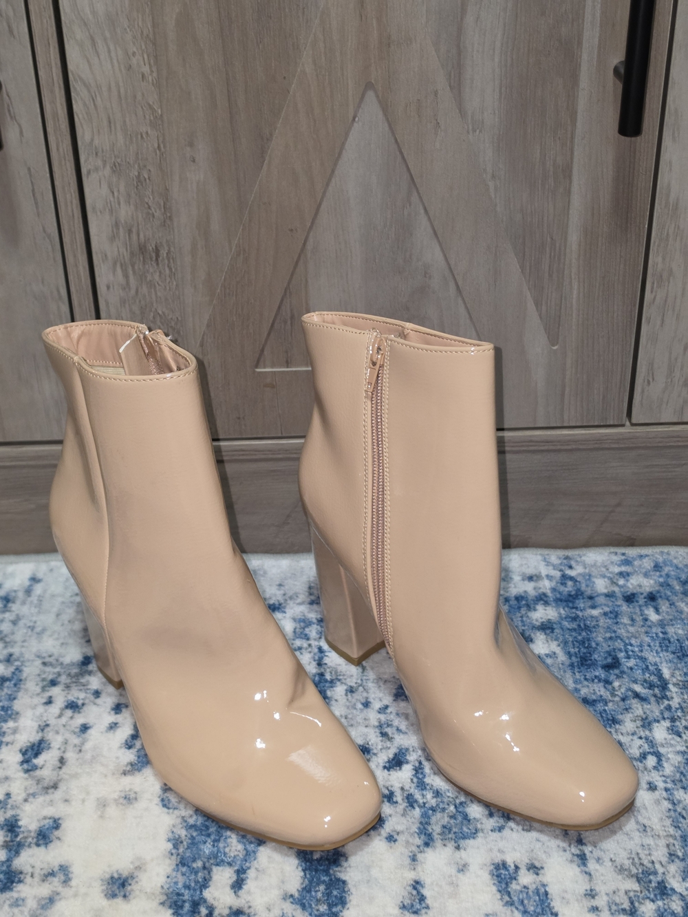 BAMBOO Nude Patent Block Heel Ankle Boots